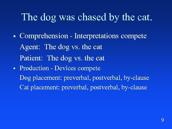 The dog was chased by the cat. § Comprehension - Interpretations compete Agent: The