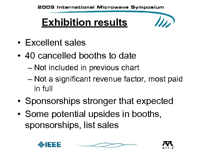 Exhibition results • Excellent sales • 40 cancelled booths to date – Not included