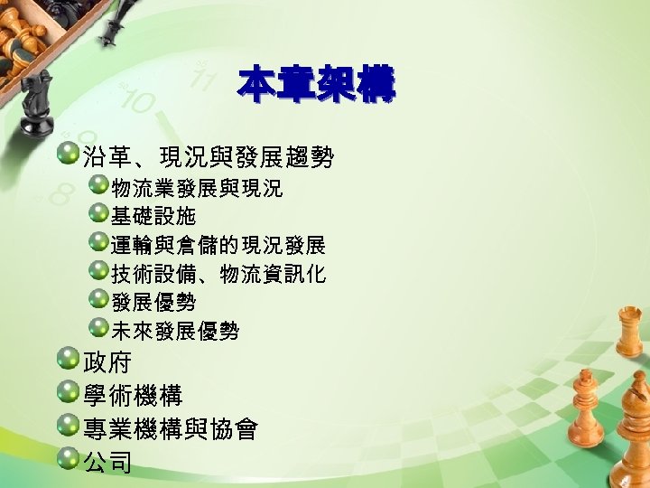 本章架構 沿革、現況與發展趨勢 物流業發展與現況 基礎設施 運輸與倉儲的現況發展 技術設備、物流資訊化 發展優勢 未來發展優勢 政府 學術機構 專業機構與協會 公司 