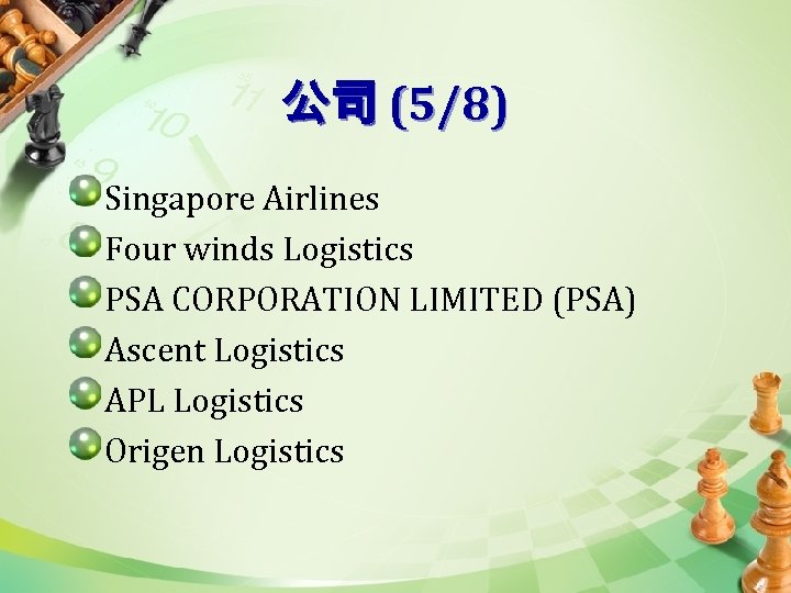 公司 (5/8) Singapore Airlines Four winds Logistics PSA CORPORATION LIMITED (PSA) Ascent Logistics APL