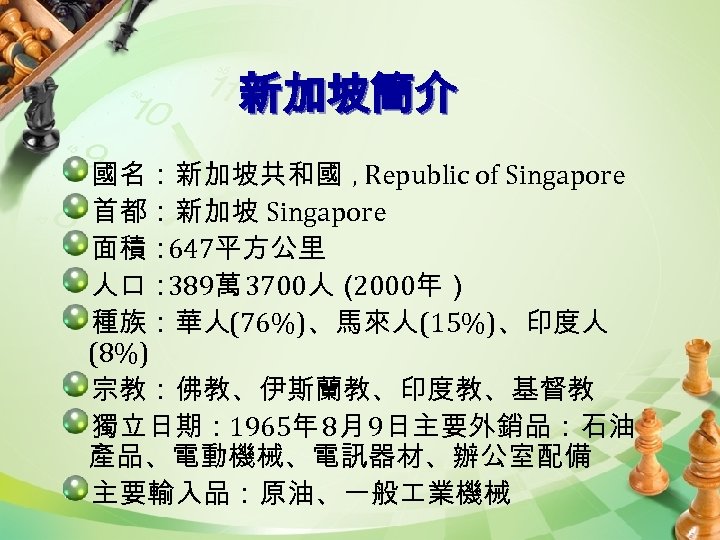 新加坡簡介 國名：新加坡共和國 , Republic of Singapore 首都：新加坡 Singapore 面積： 647平方公里 人口： 389萬 3700人（ 2000年）