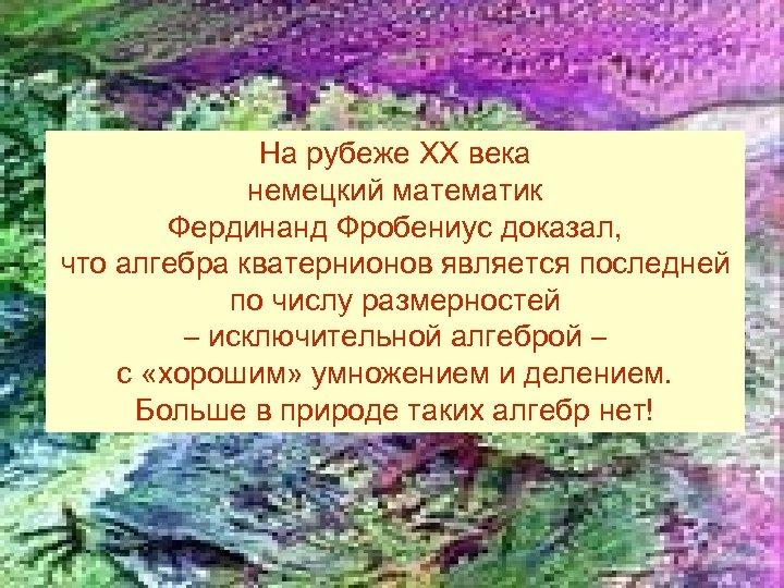На рубеже XX века немецкий математик Фердинанд Фробениус доказал, что алгебра кватернионов является последней