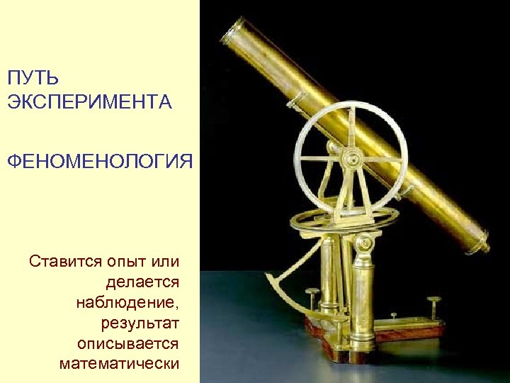 ПУТЬ ЭКСПЕРИМЕНТА ФЕНОМЕНОЛОГИЯ Ставится опыт или делается наблюдение, результат описывается математически 