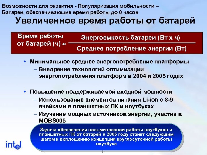 Возможности для развития - Популяризация мобильности – Батареи, обеспечивающие время работы до 8 часов