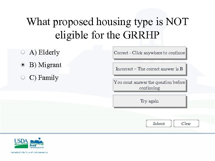 What proposed housing type is NOT eligible for the GRRHP A) Elderly B) Migrant