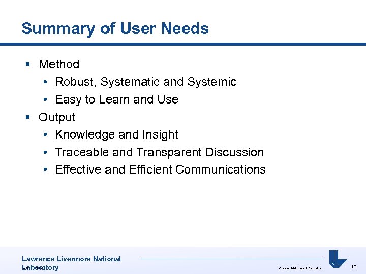 Summary of User Needs § Method • Robust, Systematic and Systemic • Easy to