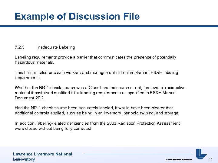 Example of Discussion File 5. 2. 3 Inadequate Labeling requirements provide a barrier that