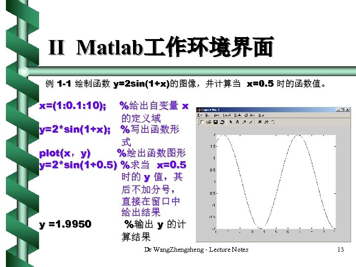 II Matlab 作环境界面 例 1 -1 绘制函数 y=2 sin(1+x)的图像，并计算当 x=0. 5 时的函数值。 x=(1: 0.