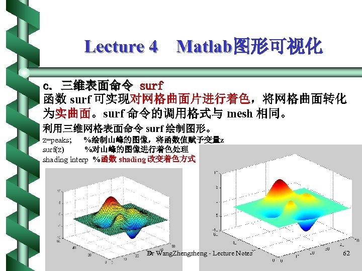 Lecture 4 Matlab图形可视化 c. 三维表面命令 surf 函数 surf 可实现对网格曲面片进行着色，将网格曲面转化 为实曲面。surf 命令的调用格式与 mesh 相同。 利用三维网格表面命令