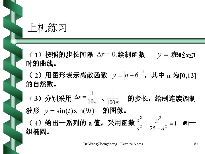 上机练习 （ 1）按照的步长间隔 时的曲线。 绘制函数 （ 2）用图形表示离散函数 的自然数。 在 0≤x≤ 1 ，其中 n 为[0,