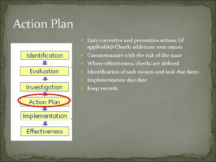 Action Plan Lists corrective and preventive actions (if applicable) • Clearly addresses root causes