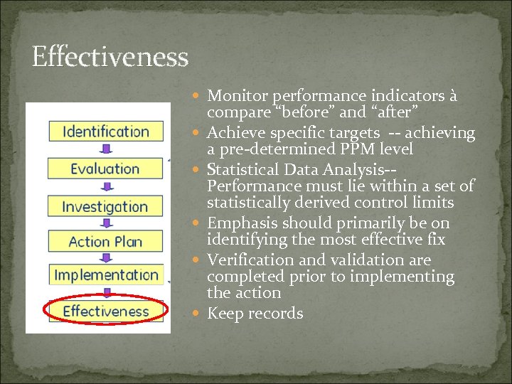 Effectiveness Monitor performance indicators à compare “before” and “after” Achieve specific targets -- achieving