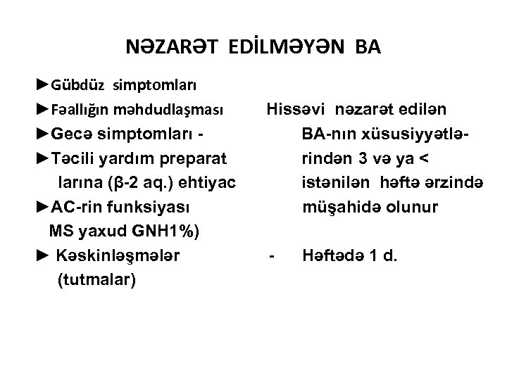 NƏZARƏT EDİLMƏYƏN BA ►Gübdüz simptomları ►Fəallığın məhdudlaşması ►Gecə simptomları ►Təcili yardım preparat larına (β-2