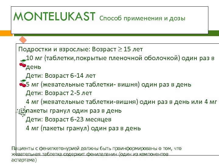 MONTELUKAST Способ применения и дозы Подростки и взрослые: Возраст 15 лет 10 мг (таблетки,