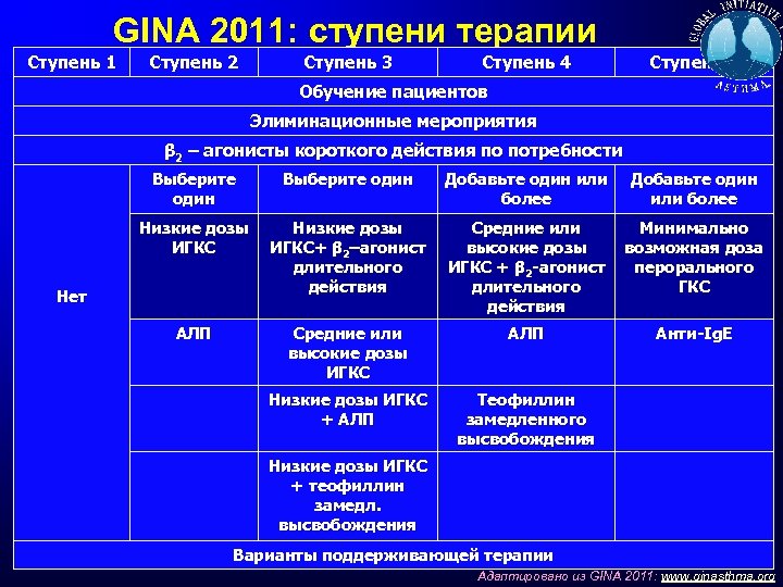 GINA 2011: ступени терапии Ступень 1 Ступень 2 Ступень 3 Ступень 4 Ступень 5