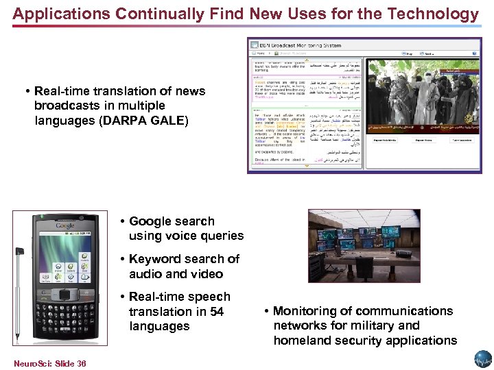Applications Continually Find New Uses for the Technology • Real-time translation of news broadcasts