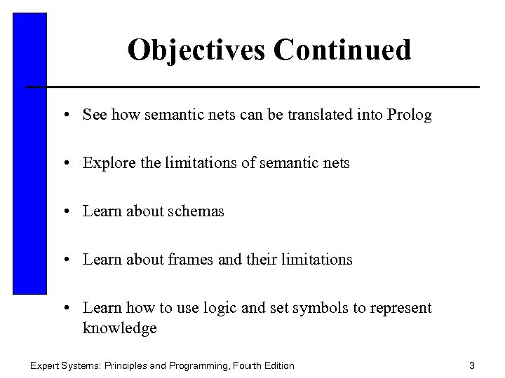 Objectives Continued • See how semantic nets can be translated into Prolog • Explore