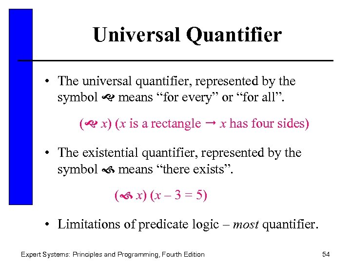 Universal Quantifier • The universal quantifier, represented by the symbol means “for every” or