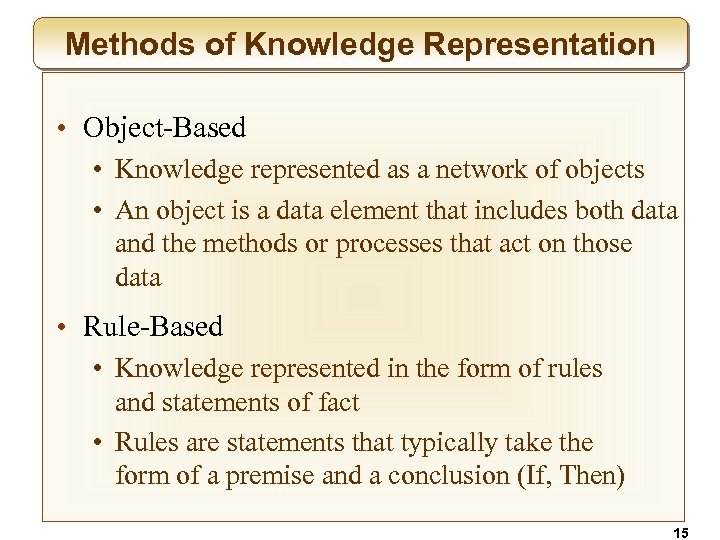 Methods of Knowledge Representation • Object-Based • Knowledge represented as a network of objects