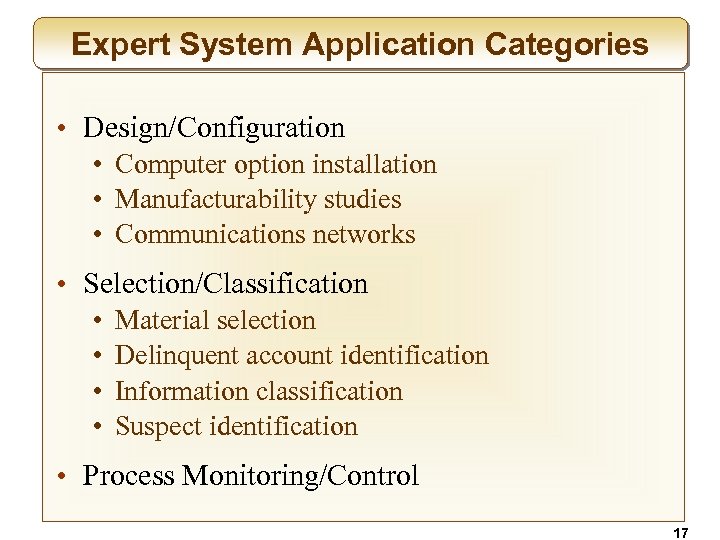 Expert System Application Categories • Design/Configuration • Computer option installation • Manufacturability studies •