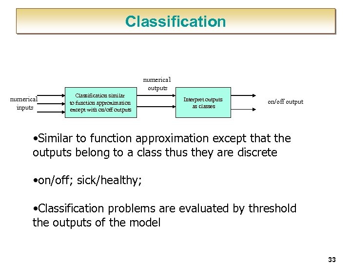 Classification numerical outputs numerical inputs Classification similar to function approximation except with on/off outputs
