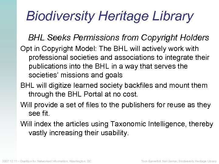 Biodiversity Heritage Library BHL Seeks Permissions from Copyright Holders Opt in Copyright Model: The