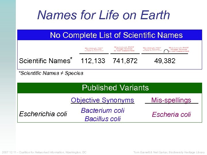 Names for Life on Earth No Complete List of Scientific Names* 112, 133 741,