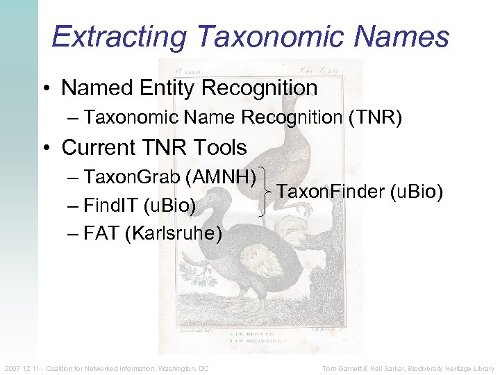 Extracting Taxonomic Names • Named Entity Recognition – Taxonomic Name Recognition (TNR) • Current