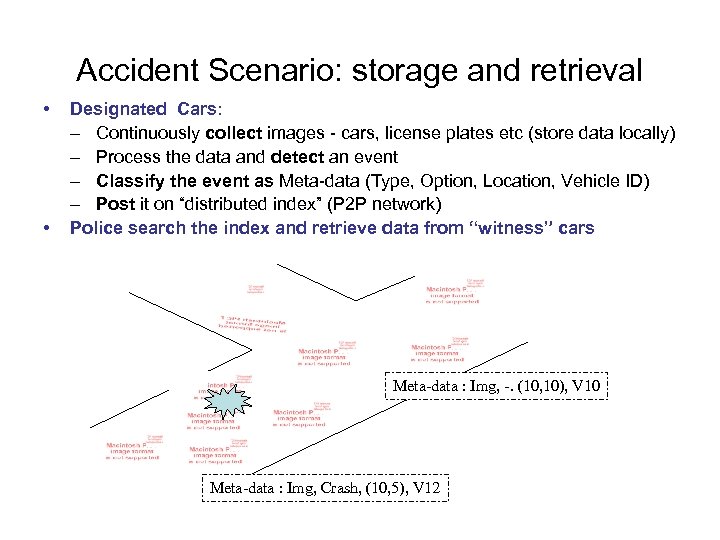 Accident Scenario: storage and retrieval • • Designated Cars: – Continuously collect images -