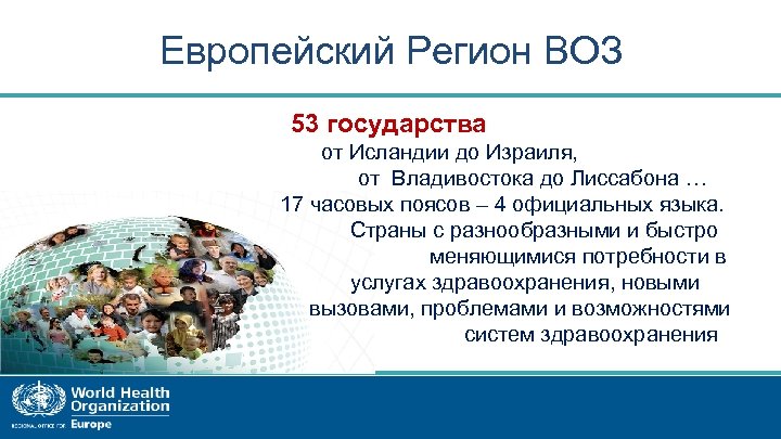 Европейский Регион ВОЗ 53 государства от Исландии до Израиля, от Владивостока до Лиссабона …