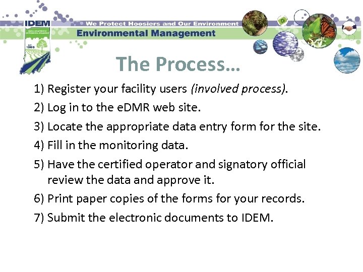 The Process… 1) Register your facility users (involved process). 2) Log in to the