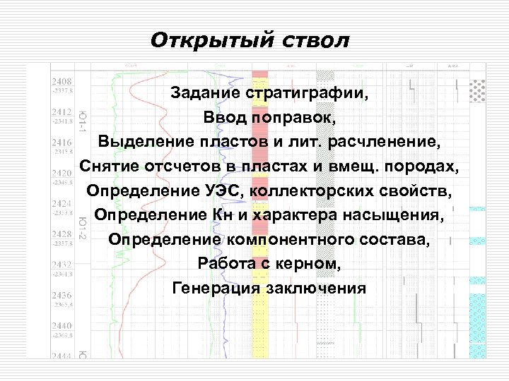 Открытый ствол Задание стратиграфии, Ввод поправок, Выделение пластов и лит. расчленение, Снятие отсчетов в