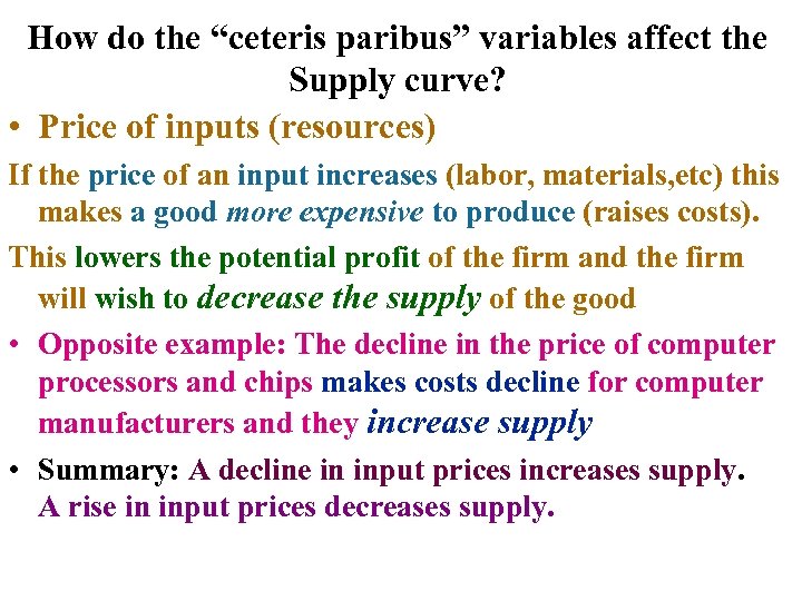 How do the “ceteris paribus” variables affect the Supply curve? • Price of inputs