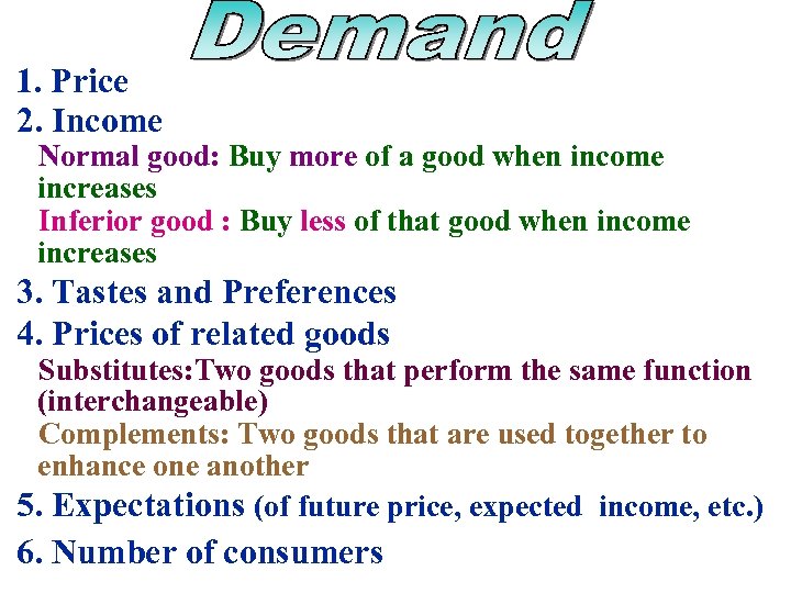 1. Price 2. Income Normal good: Buy more of a good when income increases