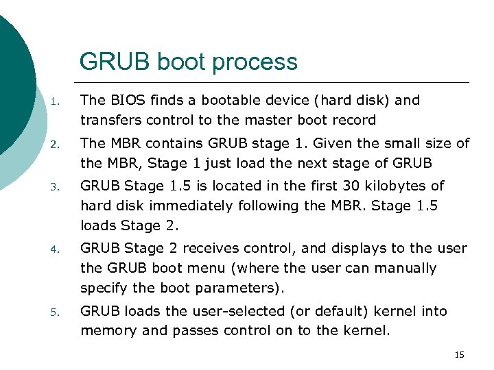 GRUB boot process 1. The BIOS finds a bootable device (hard disk) and transfers