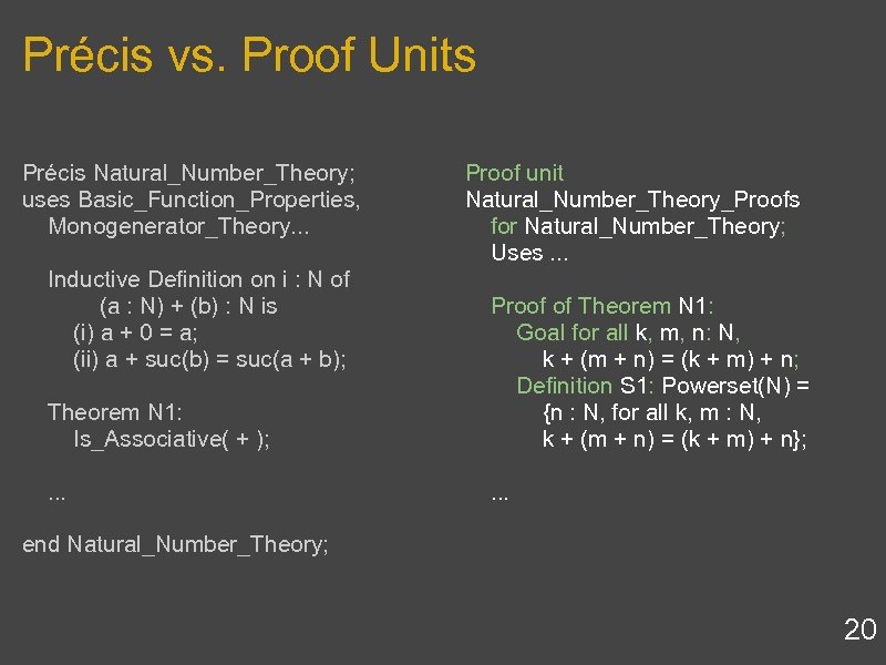 Précis vs. Proof Units Précis Natural_Number_Theory; uses Basic_Function_Properties, Monogenerator_Theory. . . Inductive Definition on
