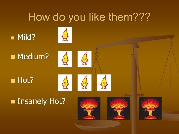 How do you like them? ? ? n Mild? n Medium? n Hot? n