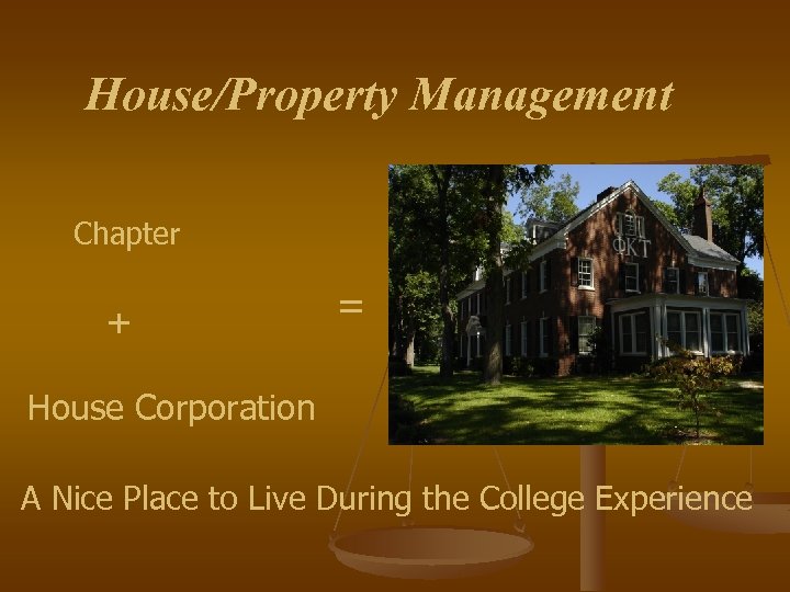 House/Property Management Chapter + = House Corporation A Nice Place to Live During the