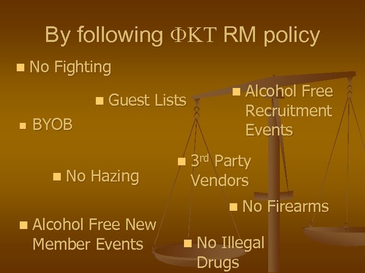 By following FKT RM policy n No Fighting n Guest n n Alcohol Free