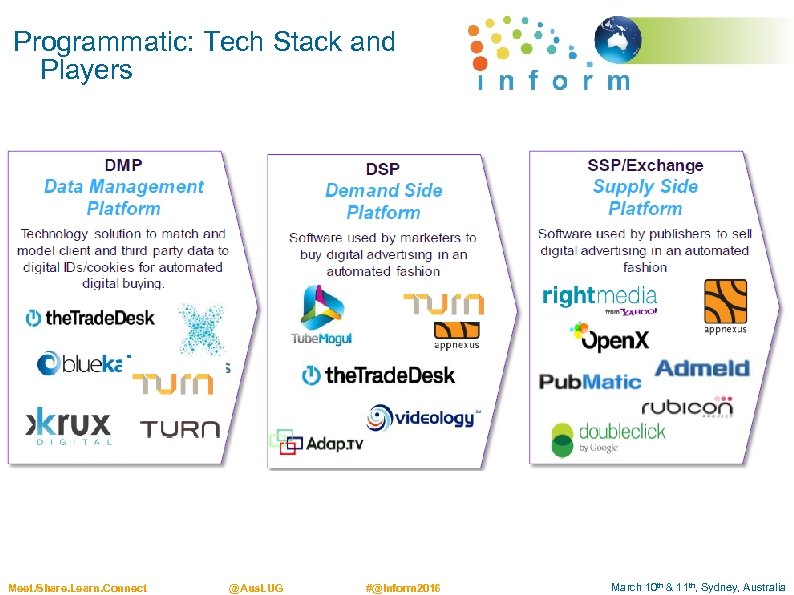 Programmatic: Tech Stack and Players Meet. Share. Learn. Connect @Aus. LUG #@Inform 2016 March