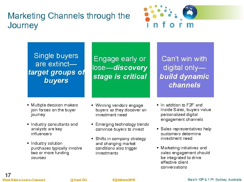 Marketing Channels through the Journey Single buyers are extinct— target groups of buyers Engage