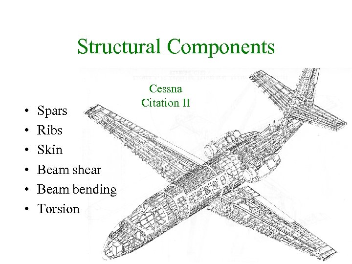 Structural Components • • • Spars Ribs Skin Beam shear Beam bending Torsion Cessna