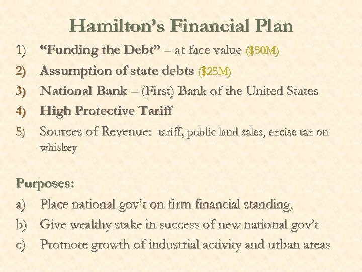 Hamilton’s Financial Plan 1) “Funding the Debt” – at face value ($50 M) 2)