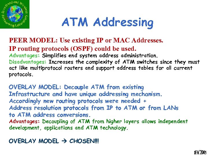 ATM Addressing PEER MODEL: Use existing IP or MAC Addresses. IP routing protocols (OSPF)