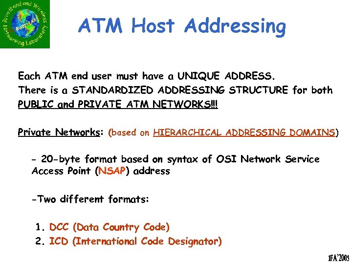 ATM Host Addressing Each ATM end user must have a UNIQUE ADDRESS. There is