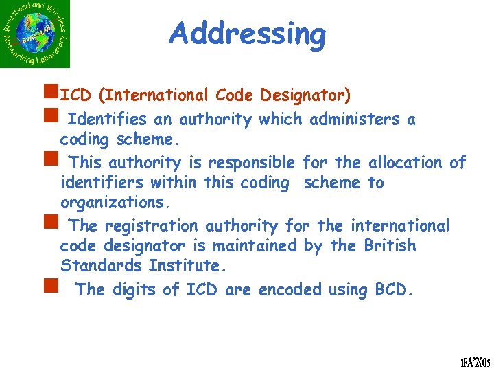 Addressing n. ICD (International Code Designator) n Identifies an authority which administers a coding