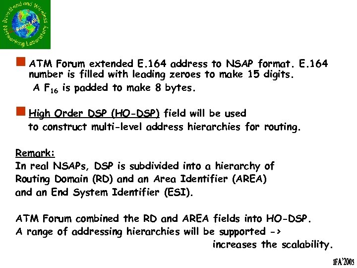 n ATM Forum extended E. 164 address to NSAP format. E. 164 number is