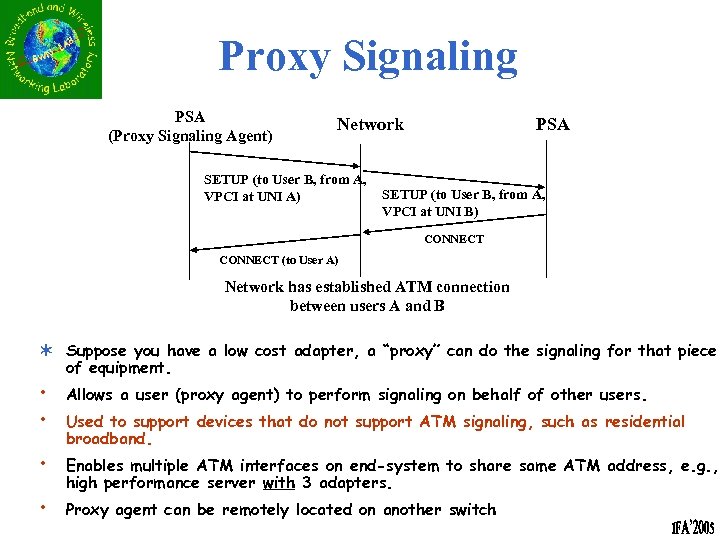 Proxy Signaling PSA (Proxy Signaling Agent) PSA Network SETUP (to User B, from A,