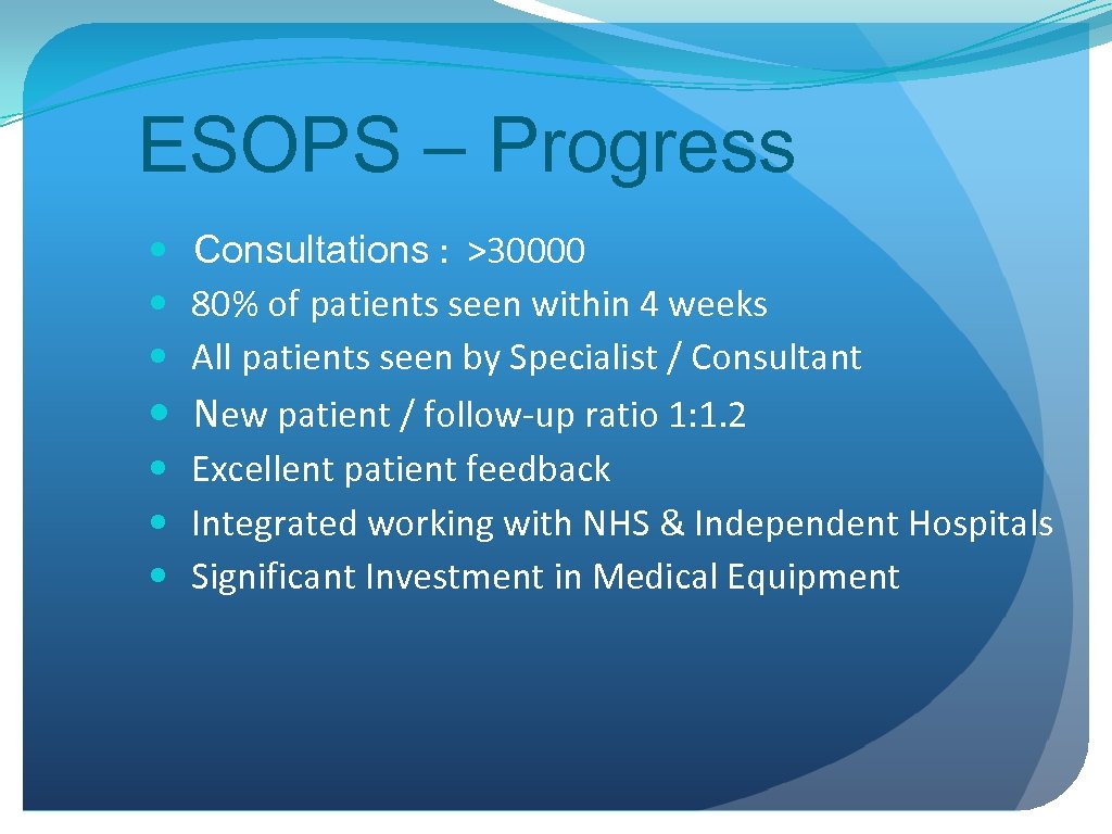 ESOPS – Progress Consultations : >30000 80% of patients seen within 4 weeks All