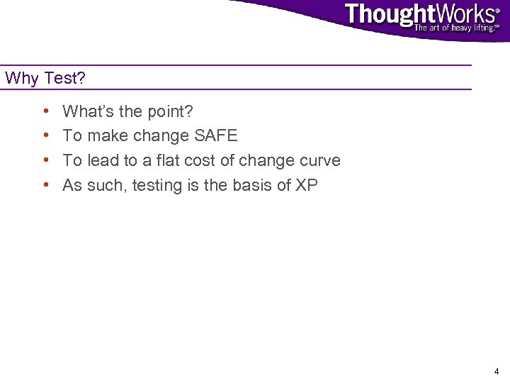 Why Test? • • What’s the point? To make change SAFE To lead to